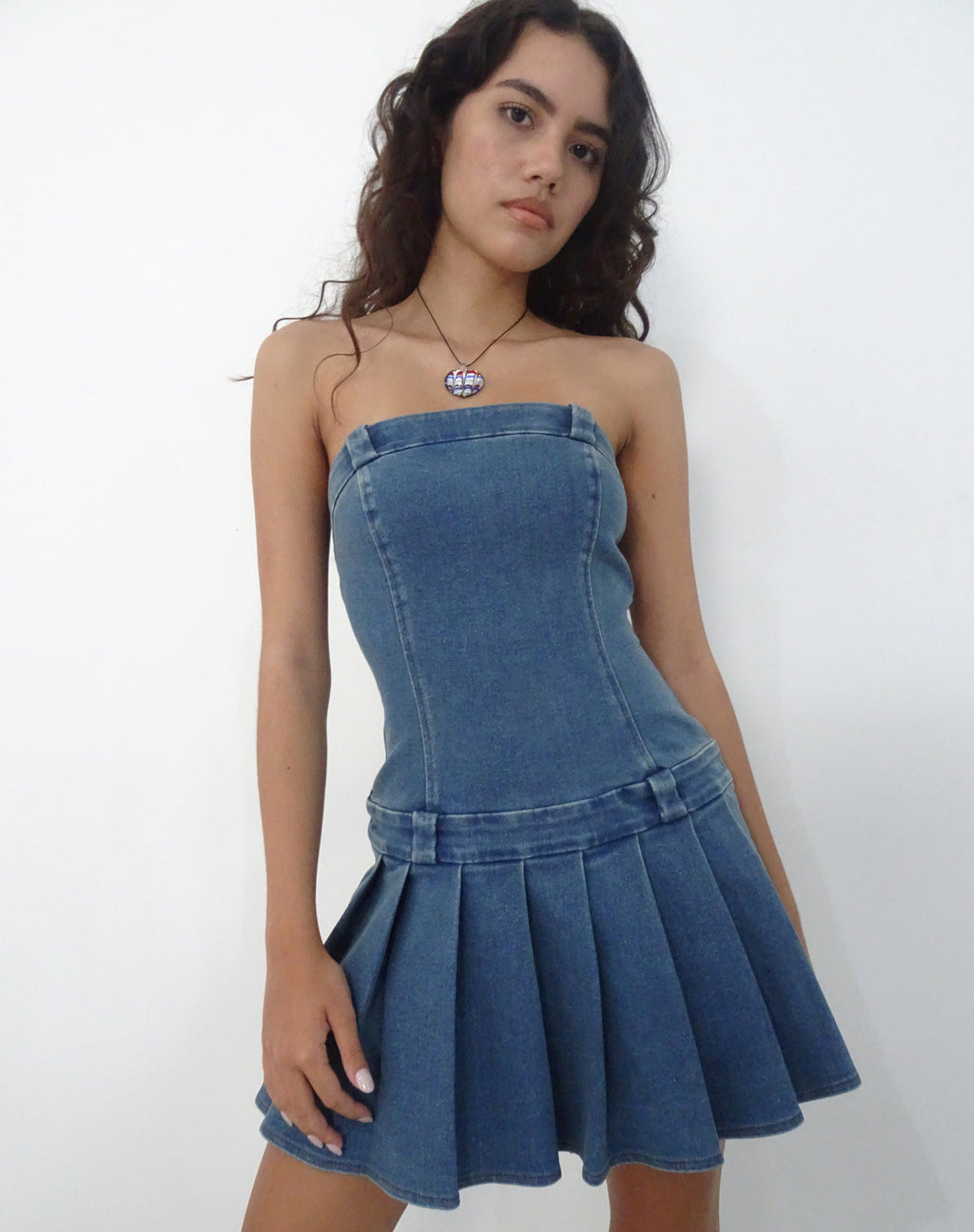 Pajaya Denim Bandeau Mini Dress in Blue Wash