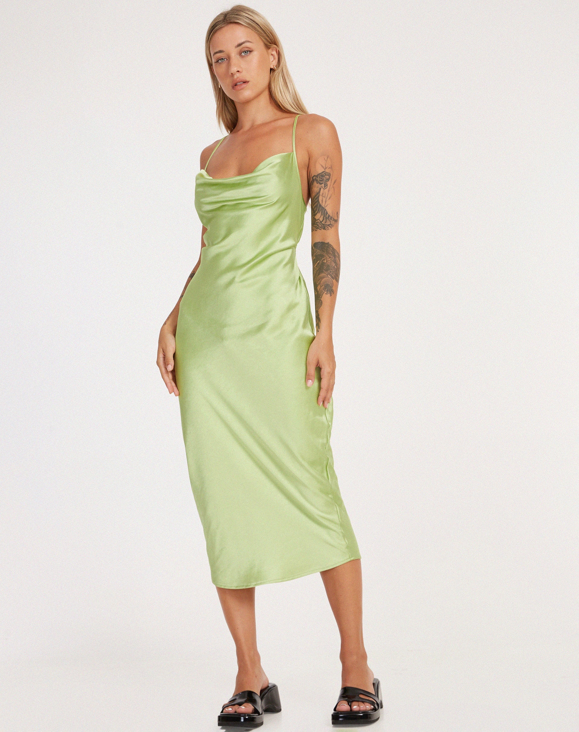 image of Palasha Midi Dress in Satin Lime Green