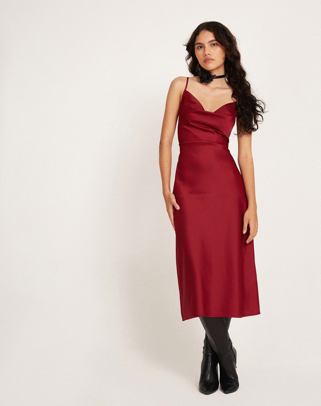 Palasha Midi Dress in Satin Red