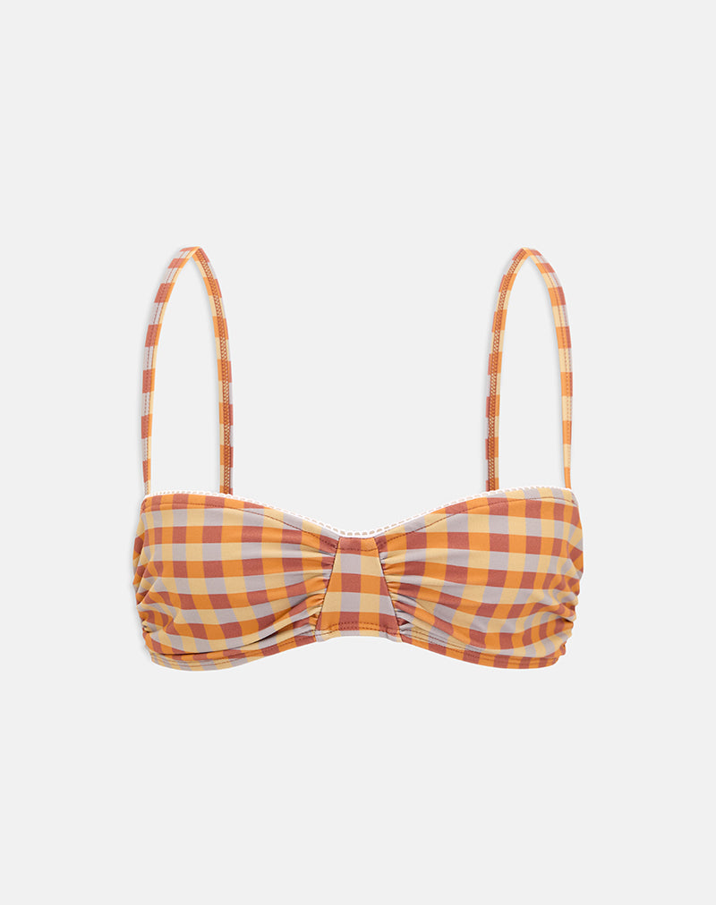 Image of Pali Bikini Top with Picot Trim in Urban Check Orange and Yellow
