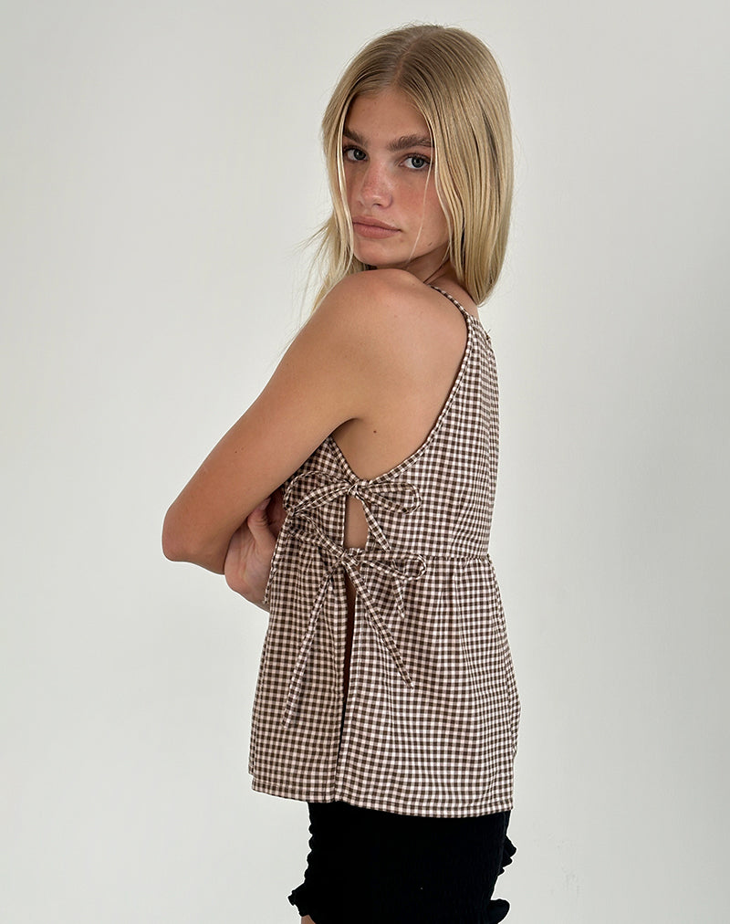 Image of Palsi Tie Side Sleeveless Top in Brown Mini Gingham