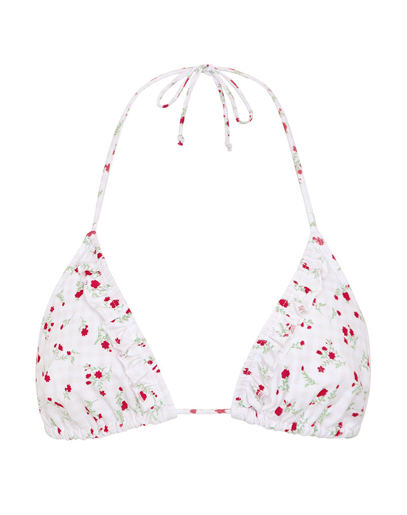Image of Pami Bikini Top in Red Floral Beige Gingham with Ruffle
