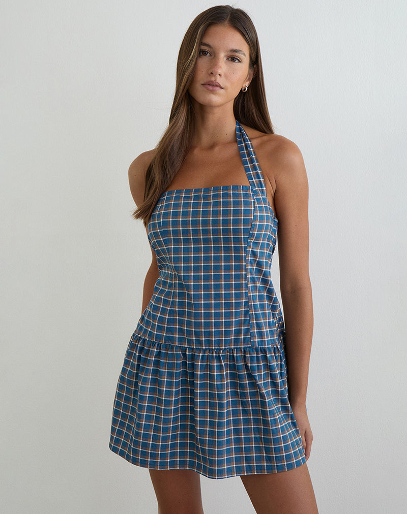 Vestido mini con cuello halter Panja en azul tartán medio