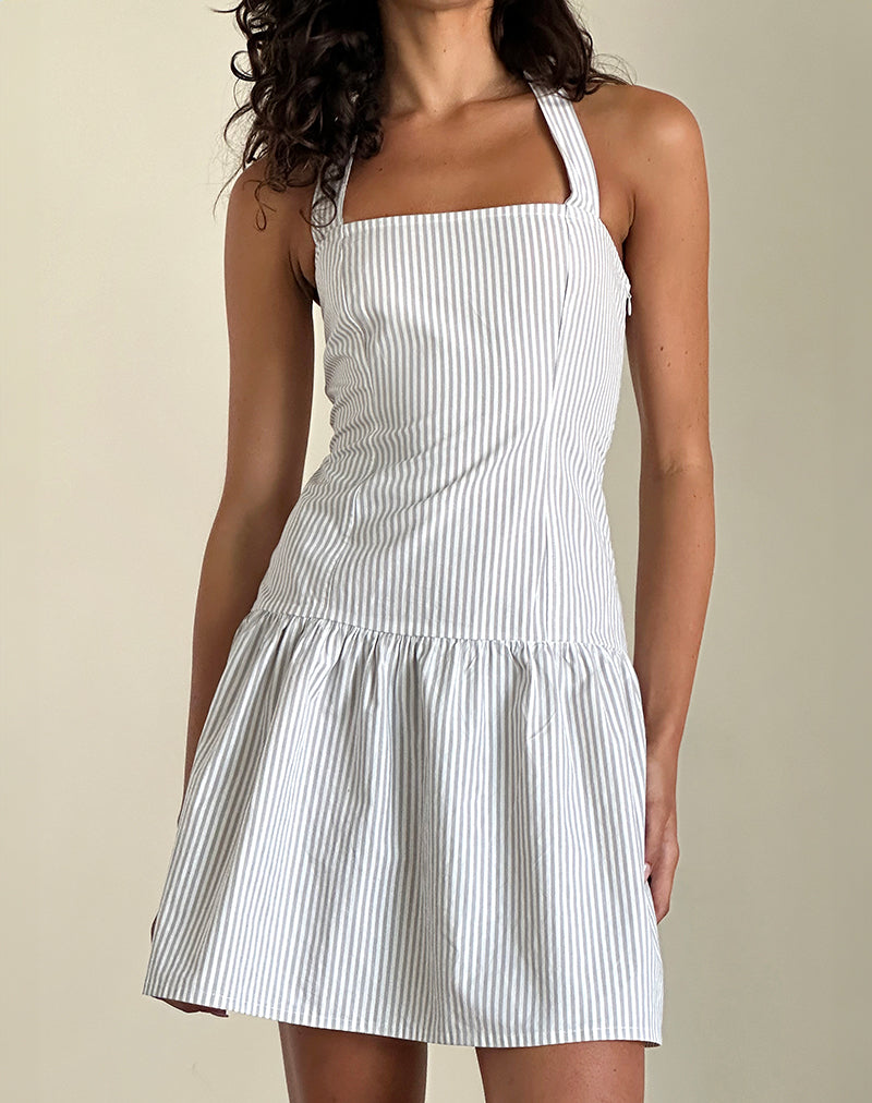 Panja Mini Halter Dress in Small Stripe Vertical Grey