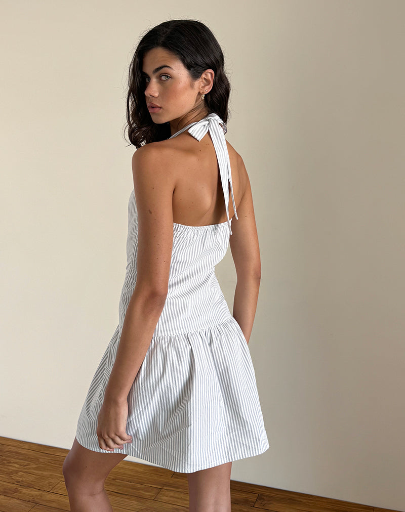 Panja Mini Halter Dress in Small Stripe Vertical Grey