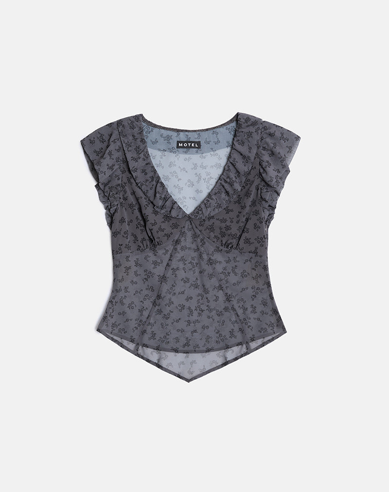 Paquita Top aus Chiffon mit minimalistischen Blumen in Dunkelgrau