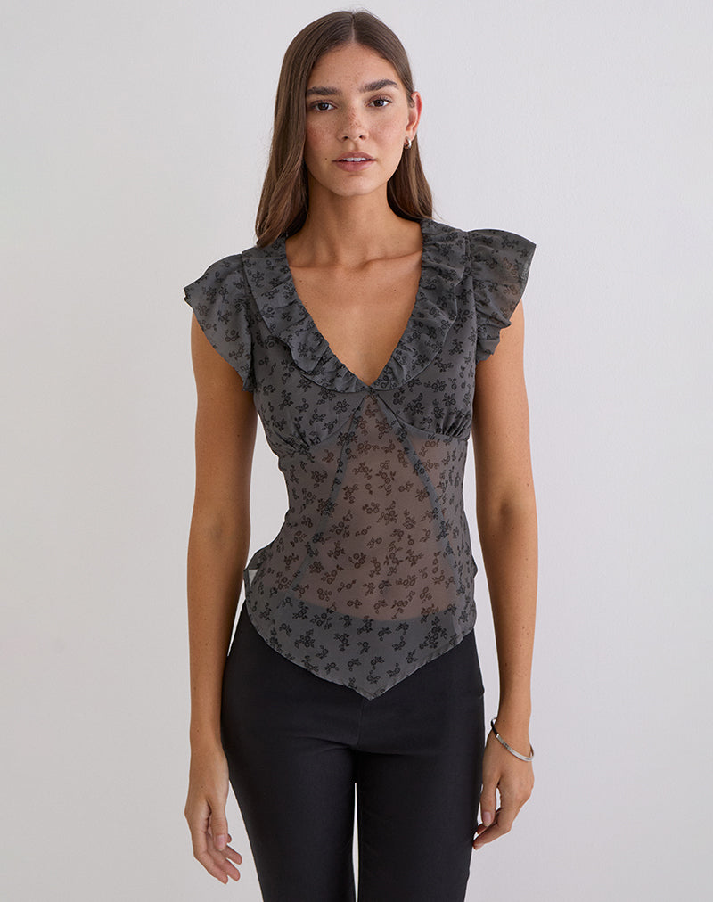 Paquita Top aus Chiffon mit minimalistischen Blumen in Dunkelgrau