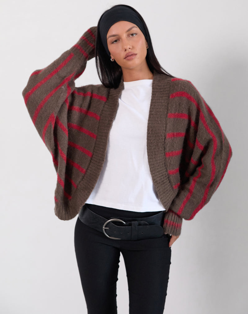 IImage of Pasha Shrug Cardigan in Red and Brown Stripe