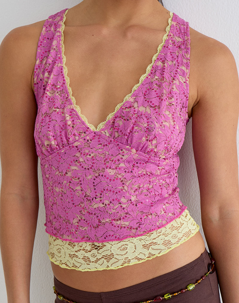 Perai Top in Double Layer Sequin Lace Lime and Pink