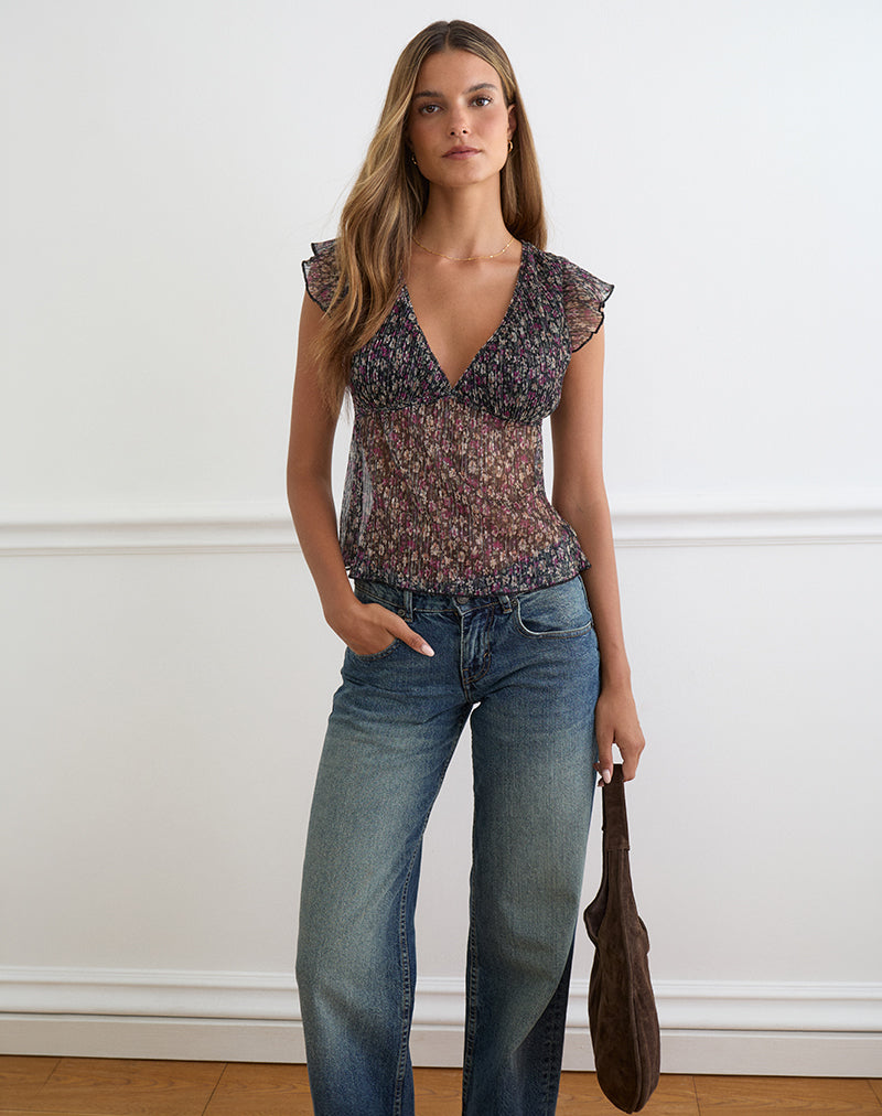 Image of Pharita V Neck Top in Ditsy Floral Plisse Charcoal