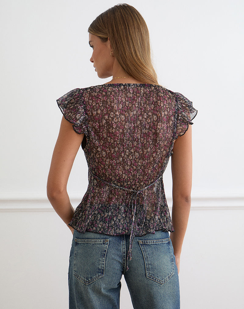 Image of Pharita V Neck Top in Ditsy Floral Plisse Charcoal