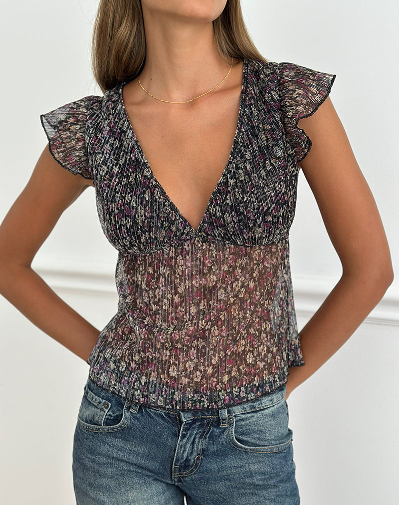 Image of Pharita V Neck Top in Ditsy Floral Plisse Charcoal