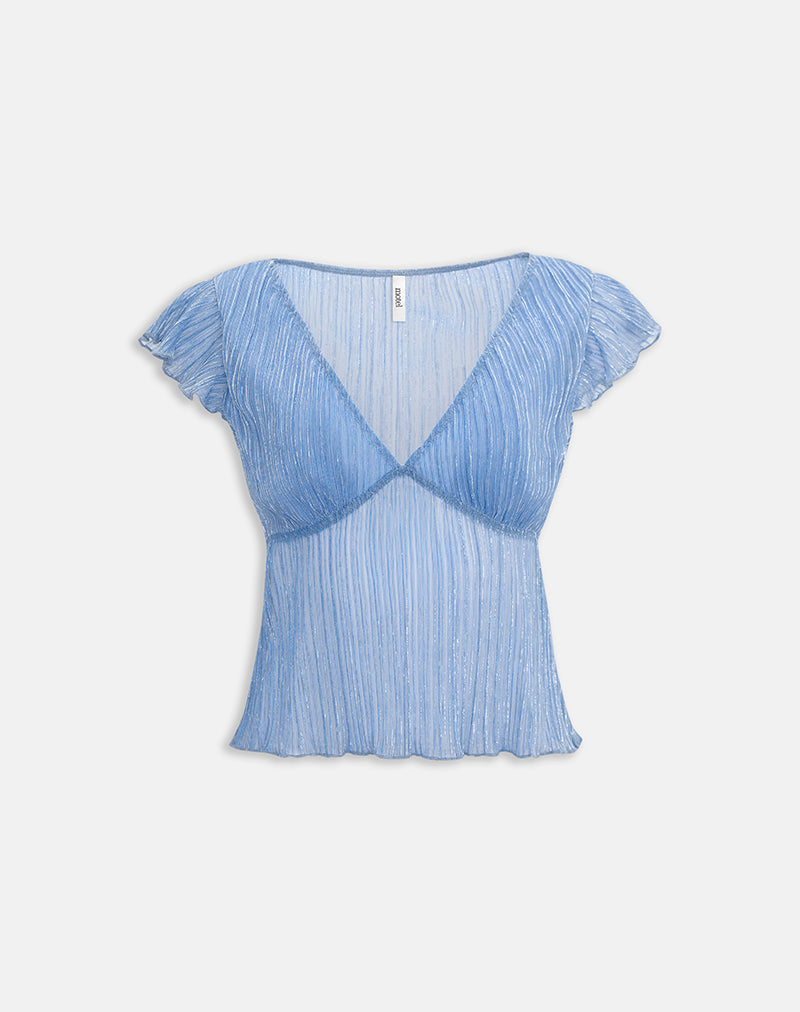 Image of Pharita V Neck Top in Plisse Blue