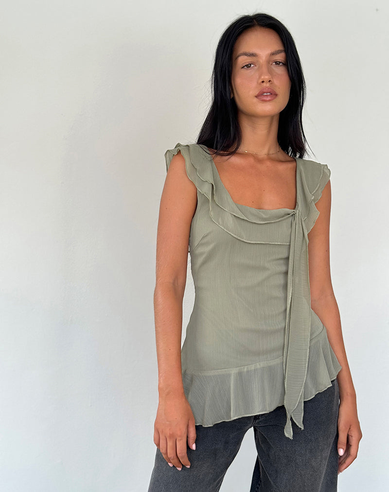 Piro Ruffle Longline Top in Chiffon Olive