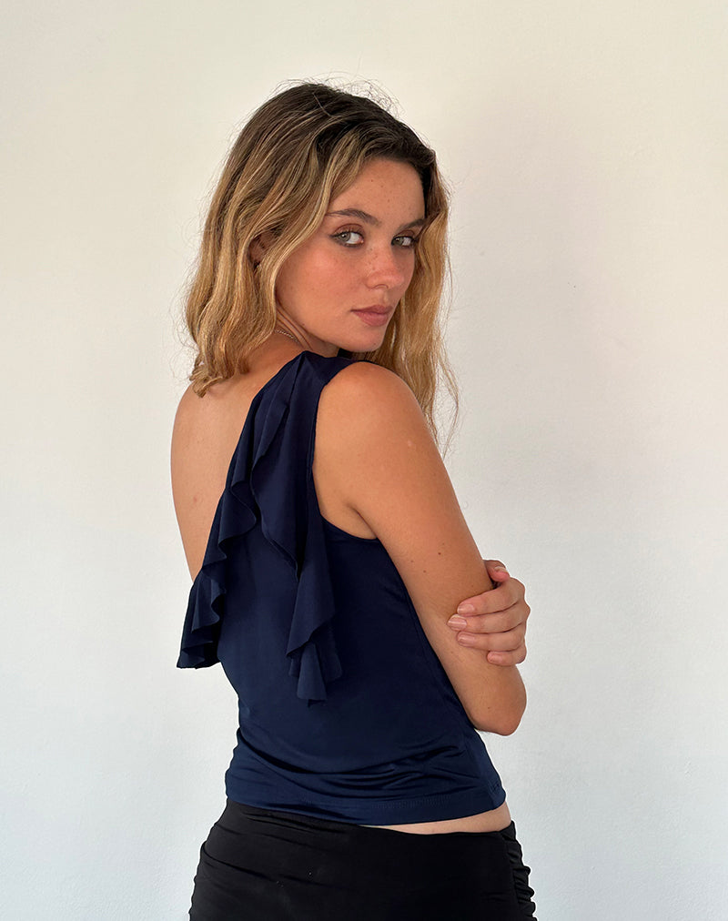 Image of Polly Asymmetric Frill Top in Navy