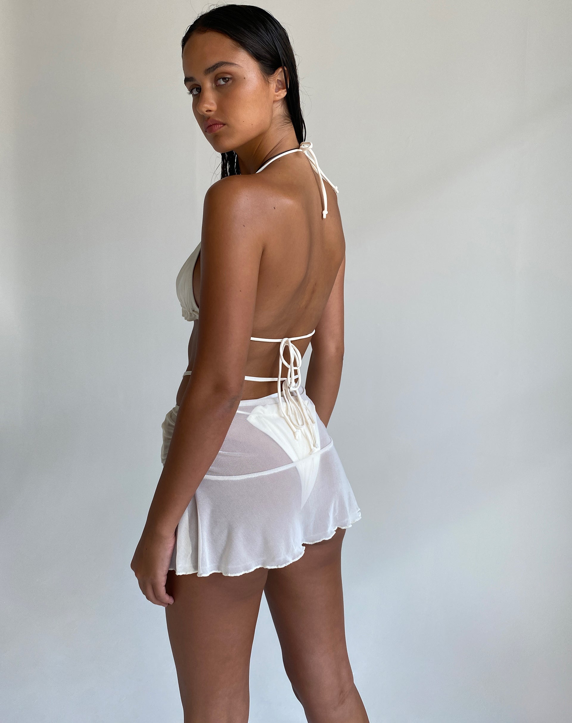 Image of Rudra Frill Mini Swim Skirt in Mesh Cream