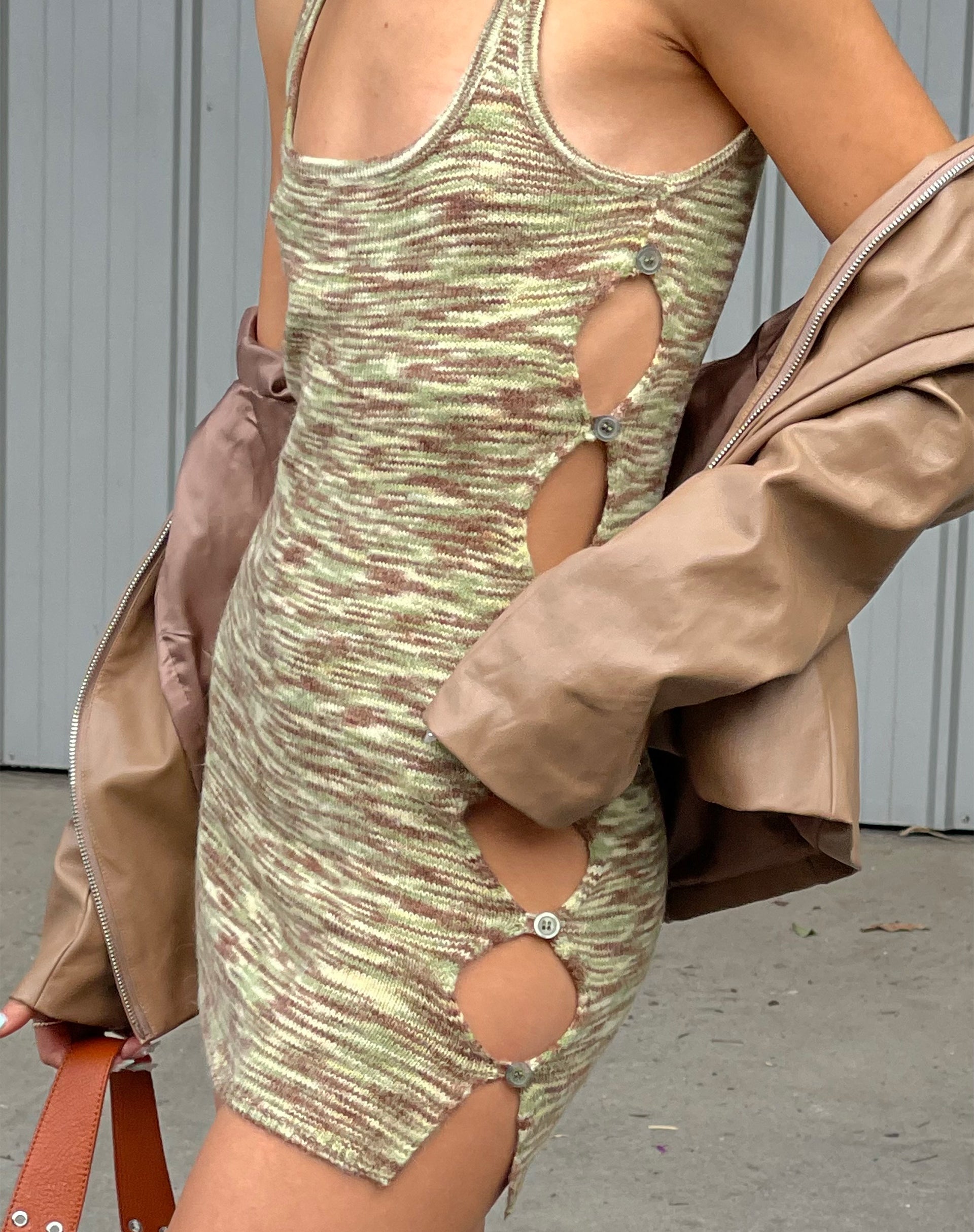 image of MOTEL X JACQUIE Lukita Mini Dress in Mix Space Dye Khaki