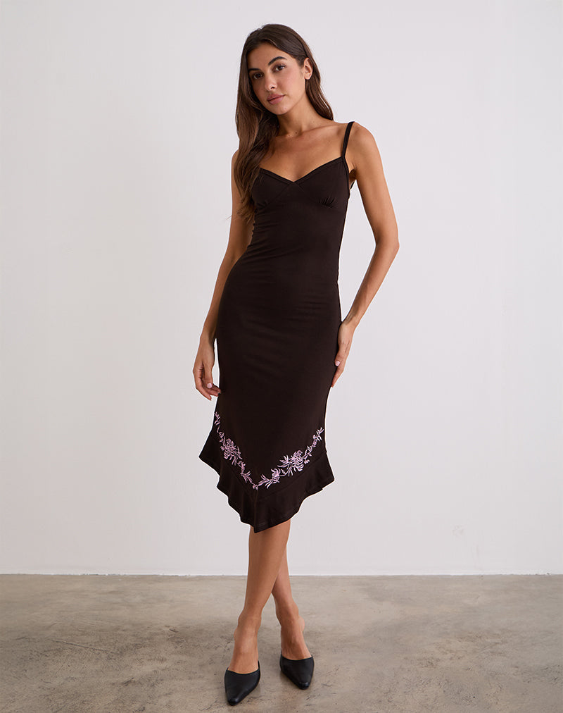 Chocolate Brown Rose Embroidered Midi Dress | Quelin – motelrocks-com-eur