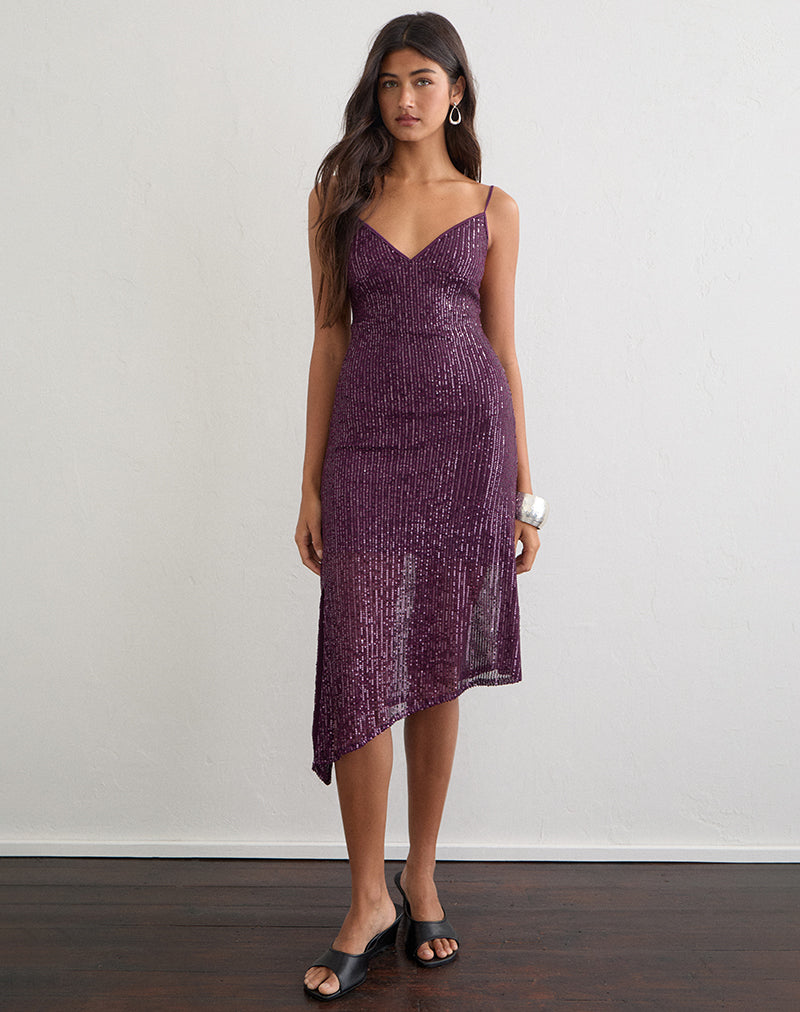 Image of Quinn Asymmetric Midi Dress in Sequin Deep Purple
