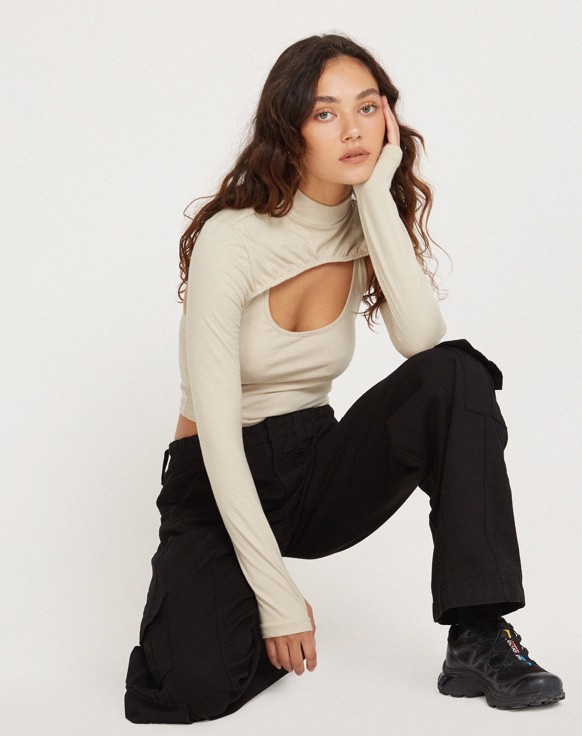 Image of Raccet Long Sleeve Crop Top in Coconut Milk