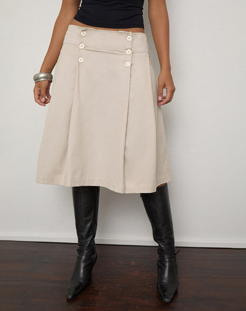 Image of Babete Pleat Midi Skirt in Cotton Light Twill Stone