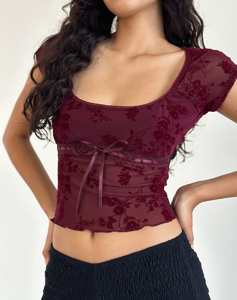 Rada Top in Botanical Flocked Maroon