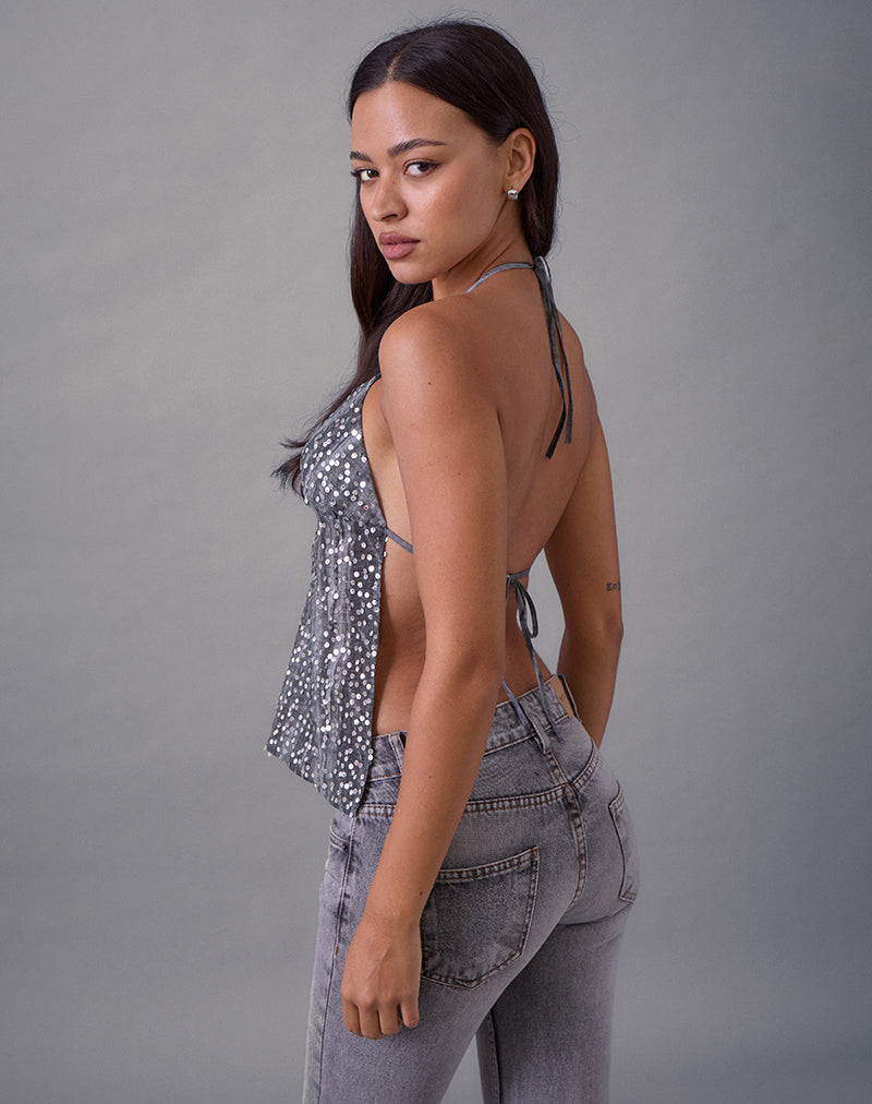 Image of Rafina Halter Top in Chiffon Sequin Grey