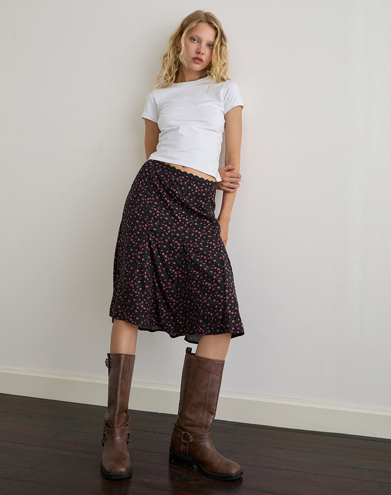 Rahyu Midi Skirt in Dark Pink Rose Black