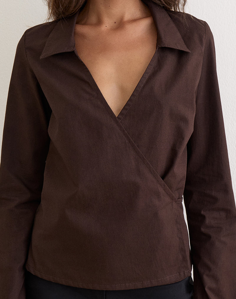 Image of Rakto Wrap Side Shirt in Poplin Bitter Chocolate
