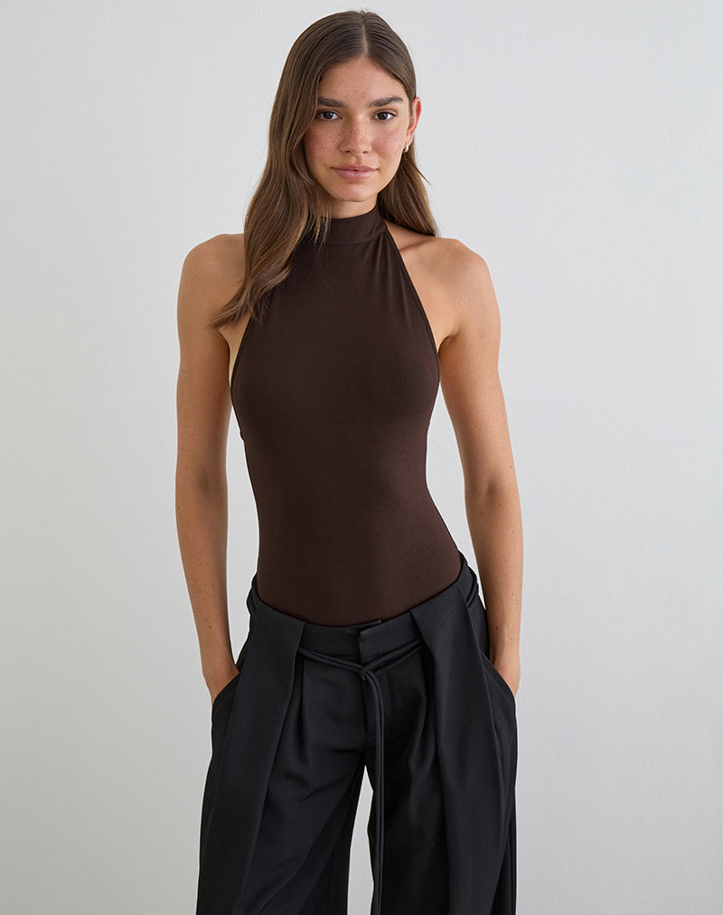 Image of Raleah Halterneck Bodysuit in Jersey Bitter Chocolate