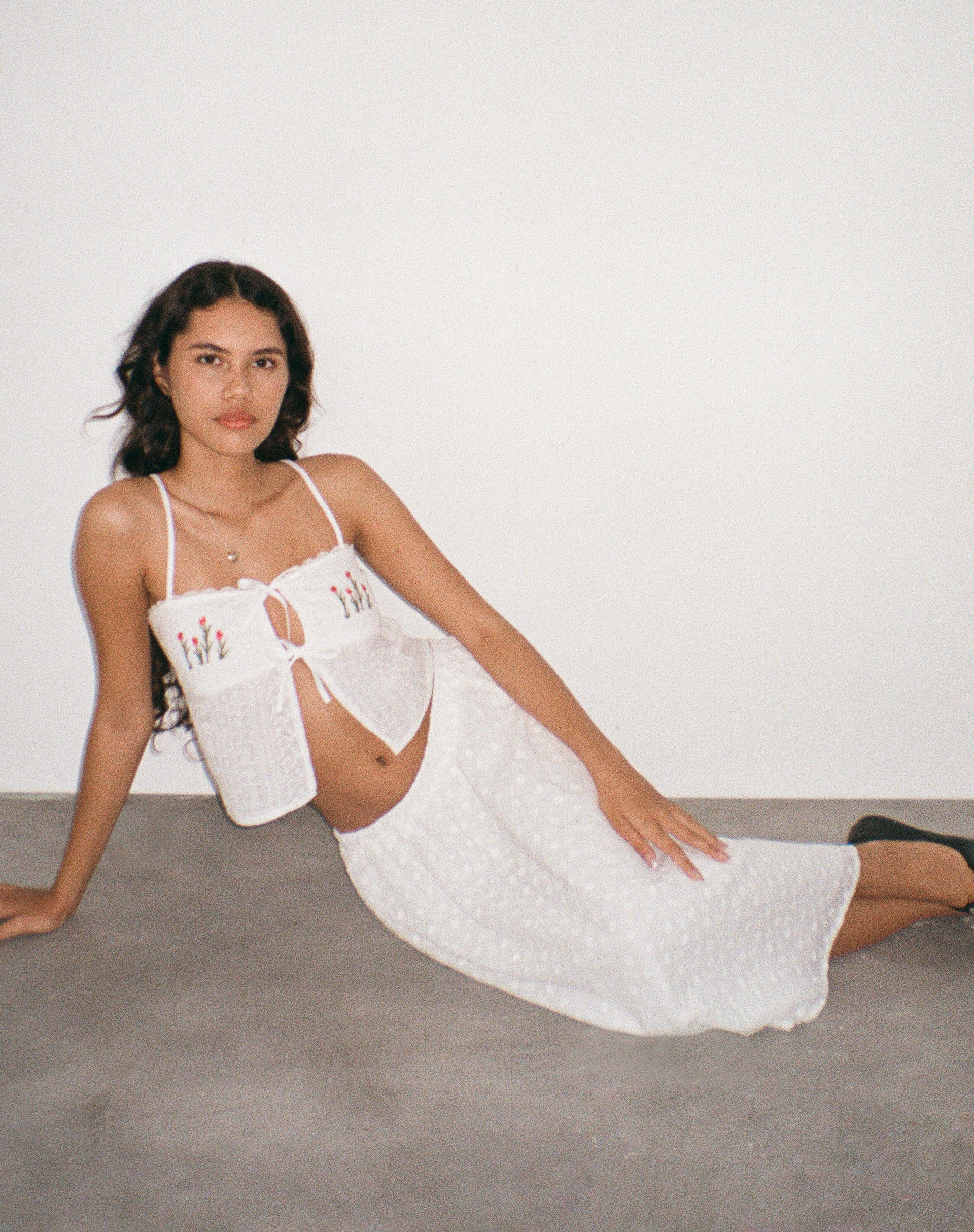 Image of Rusma Midi Skirt in White Broderie