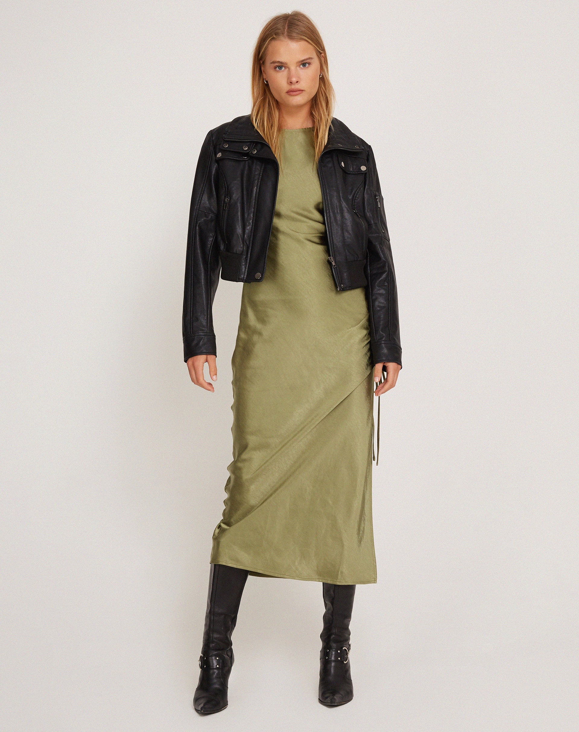 image of Raybu Ruched Midi Dress in Satin Olive