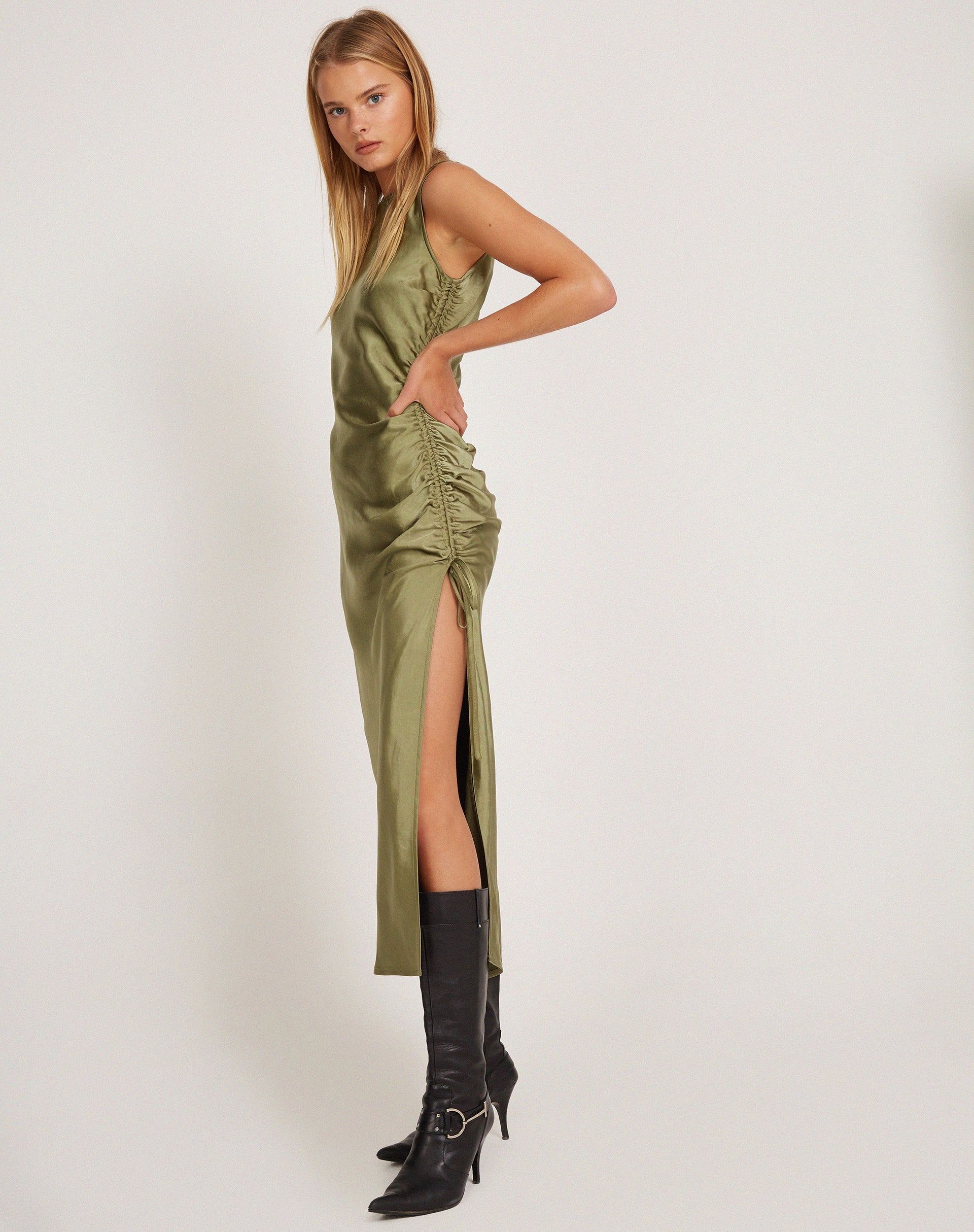 image of Raybu Ruched Midi Dress in Satin Olive