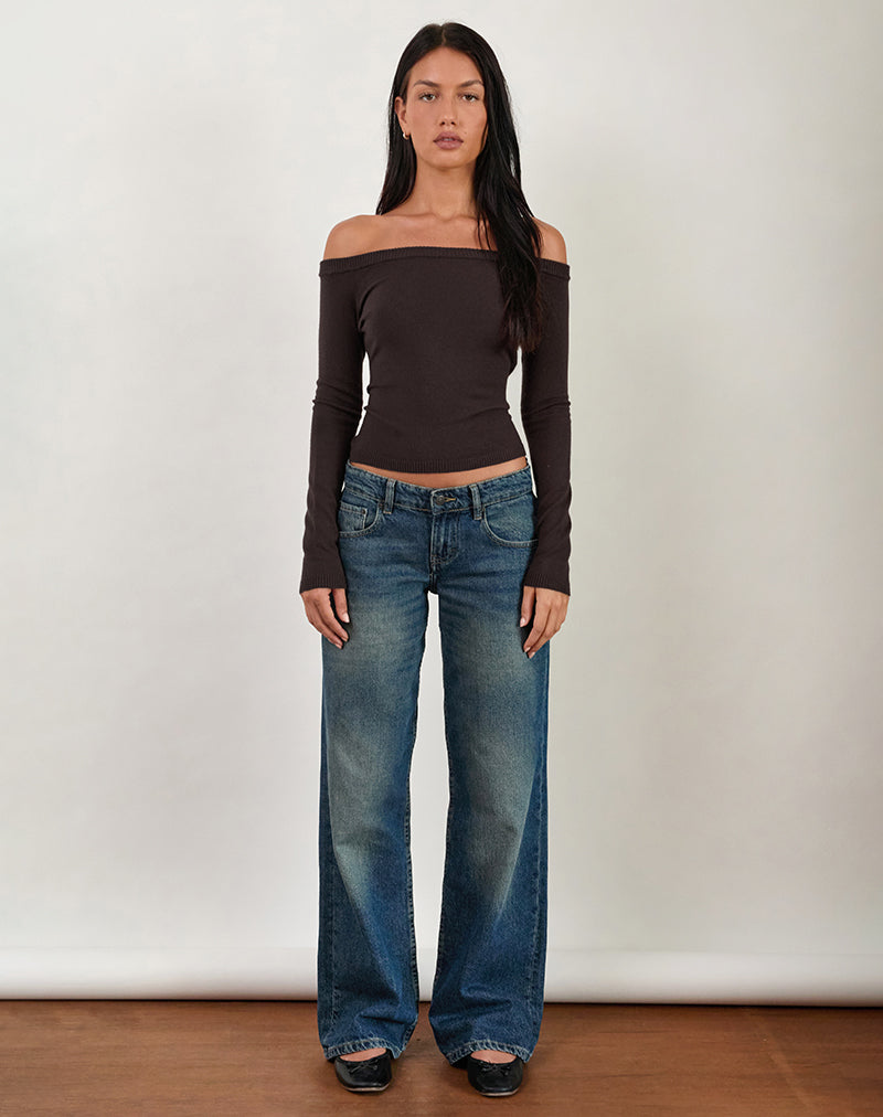 Image of Renie Bardot Top in Dark Brown Knit