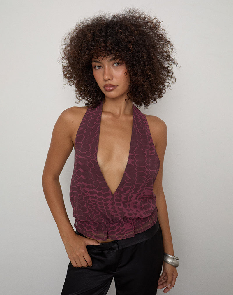 Image of Reo Halter Top in Abstract Snake Windsor Wine