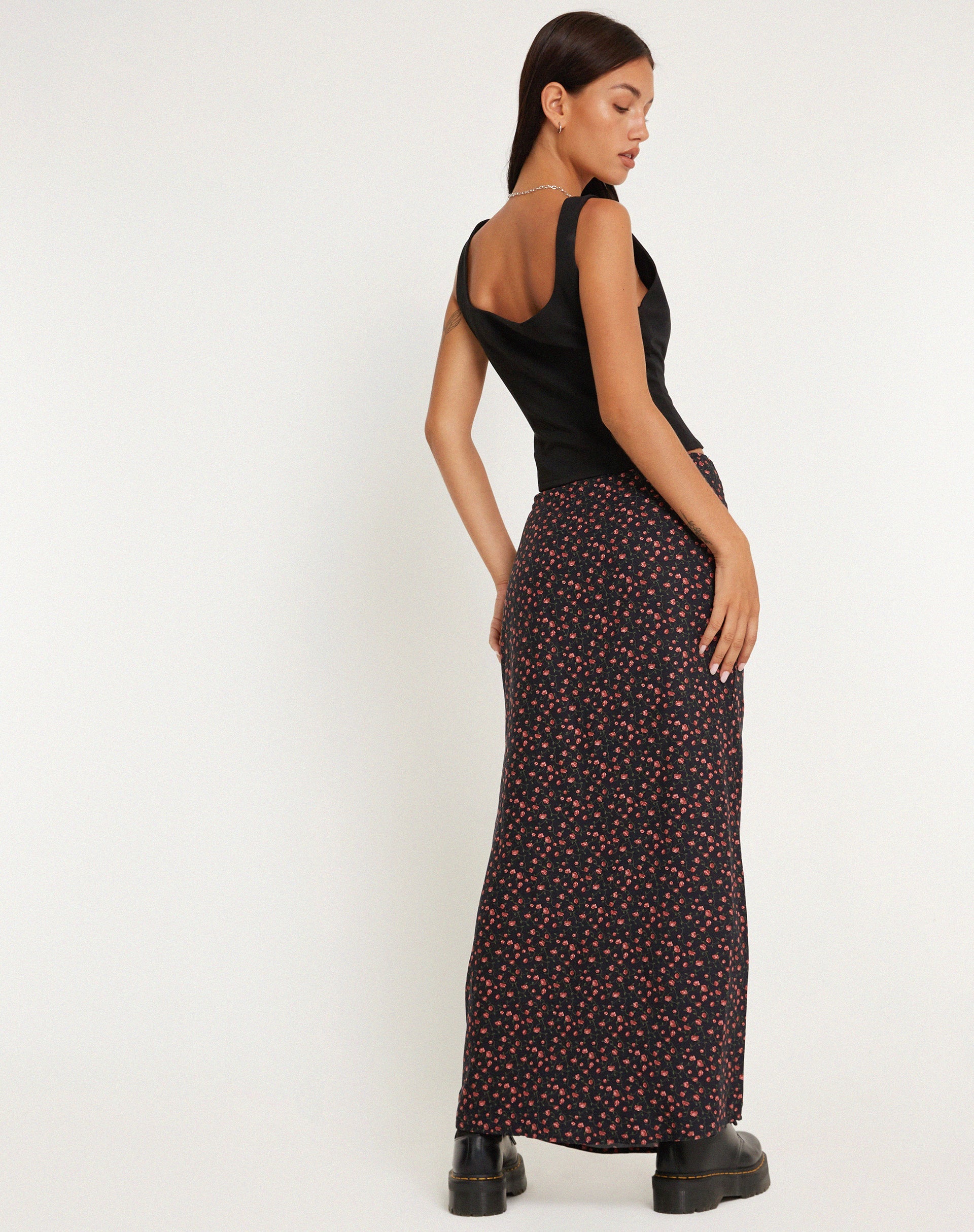 image of Easton Maxi Skirt in Dark Pink Rose Black