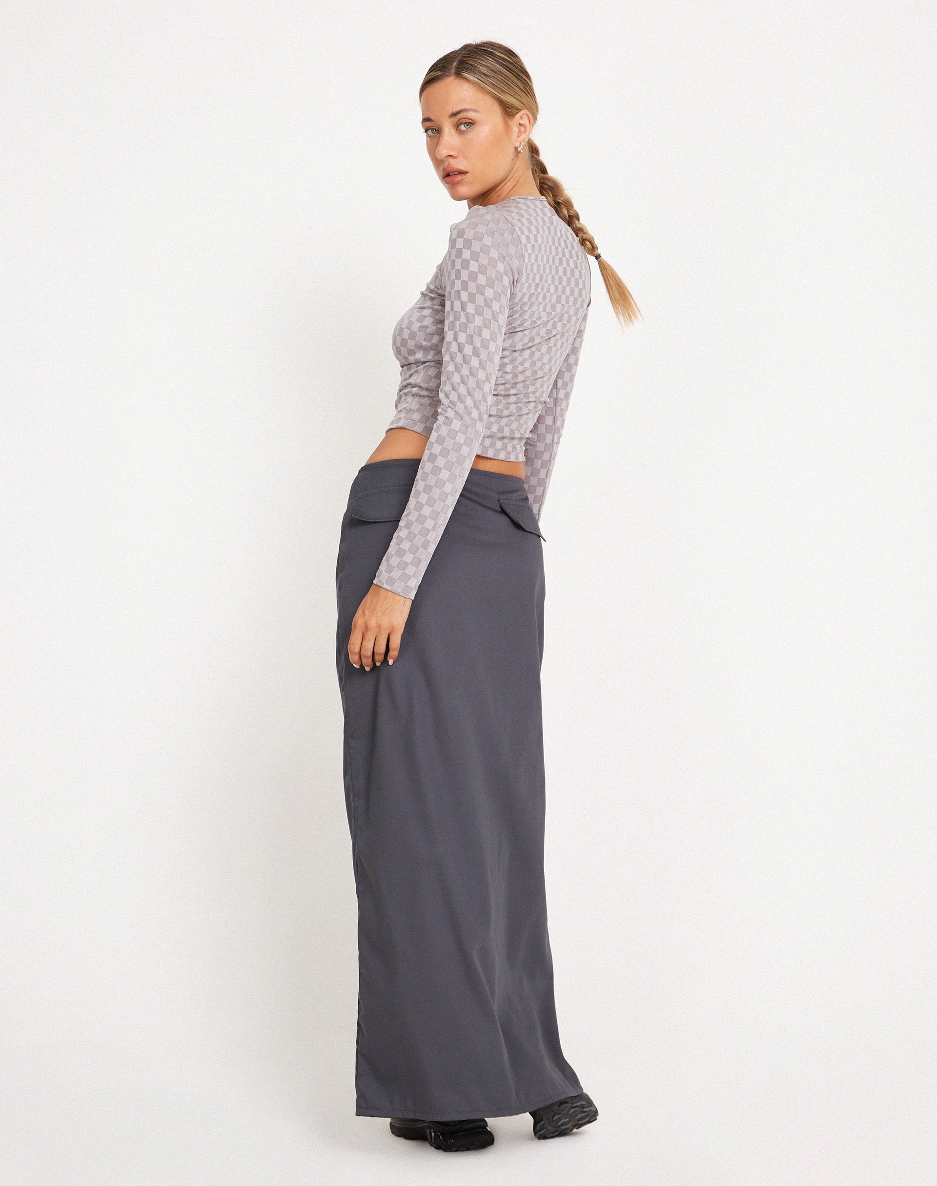 Image of Natari Long Sleeve Crop Top in Check Grey