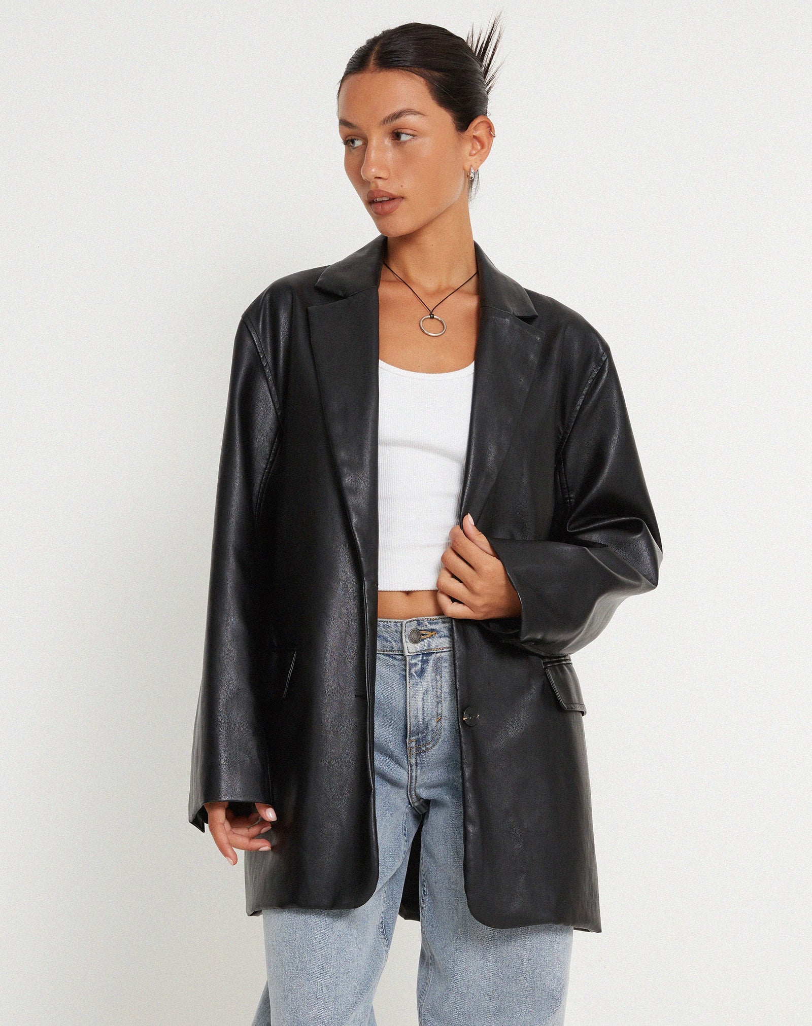 Oversized Black PU Leather Blazer | Saken – motelrocks-com-eur