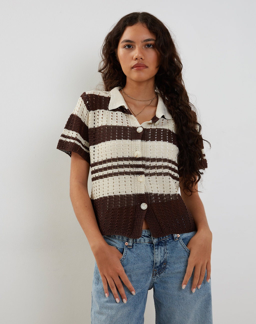 Siwi Pointelle Knitted Polo Top in Stripe Neutral