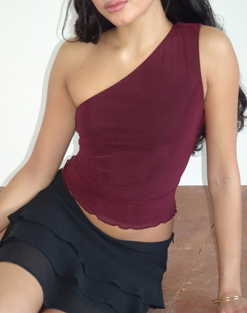 Rhian One Shoulder Top in Mesh Maroon