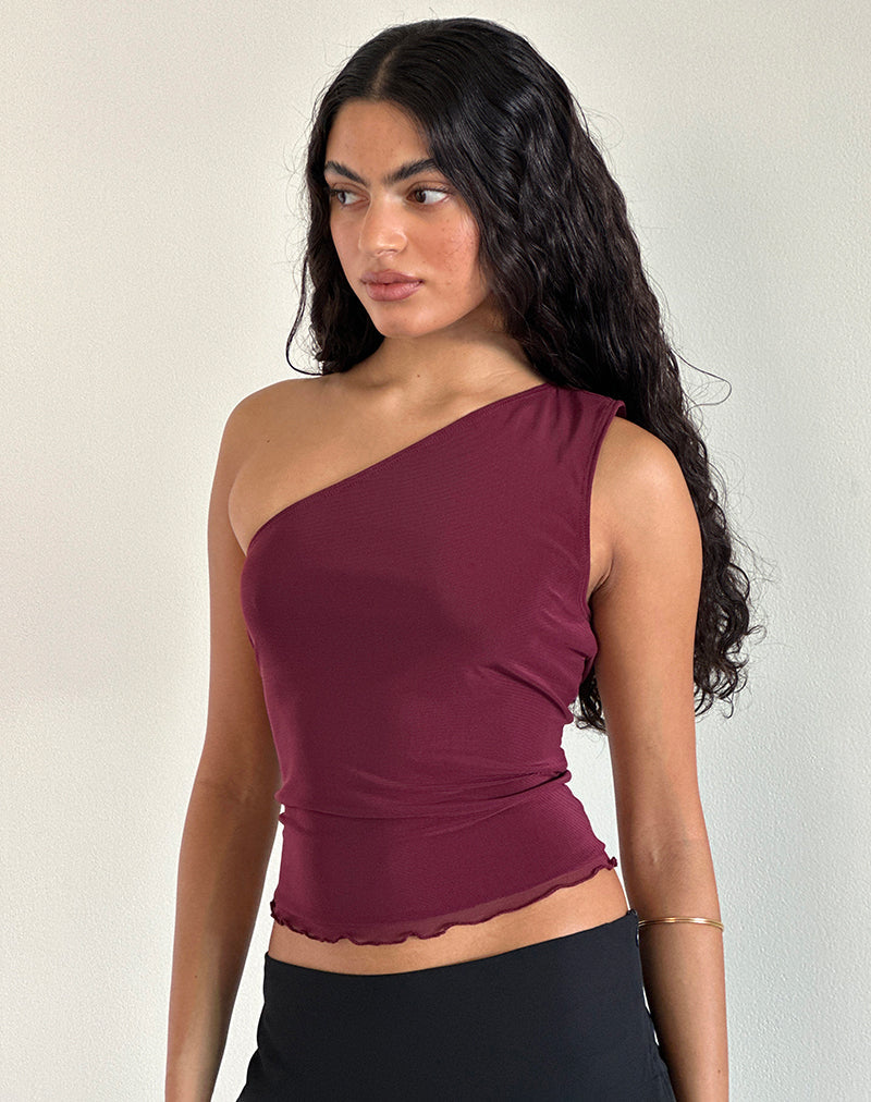 Rhian One Shoulder Top in Mesh Maroon