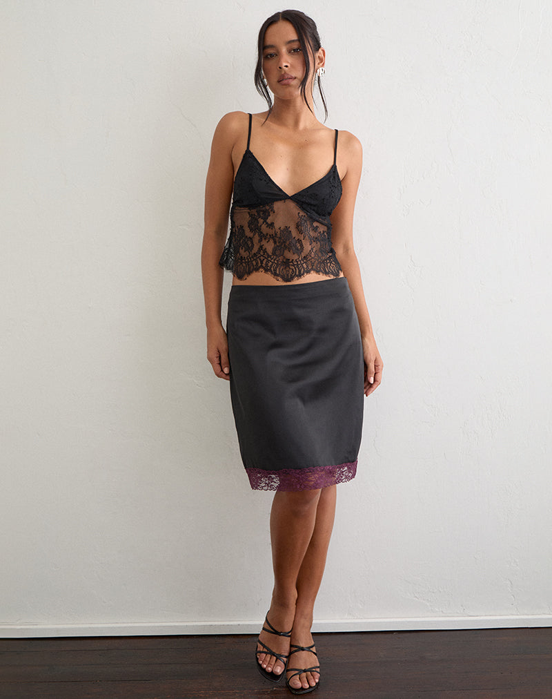 Image of Riang Midi Skirt in Satin Black with Lace Trim Burgundy