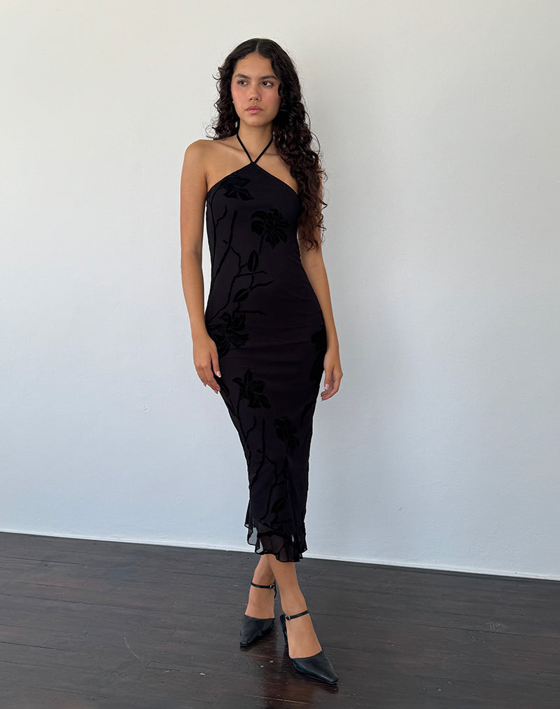Black Orchids Flock Halterneck Midi Dress | Ribka – motelrocks-com-eur