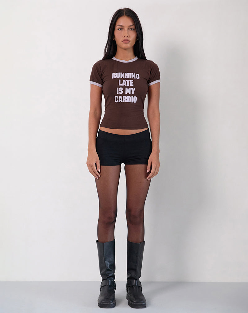 Rinea Tee Top in Bitter Chocolate with Violet Binding and Running Late Slogan