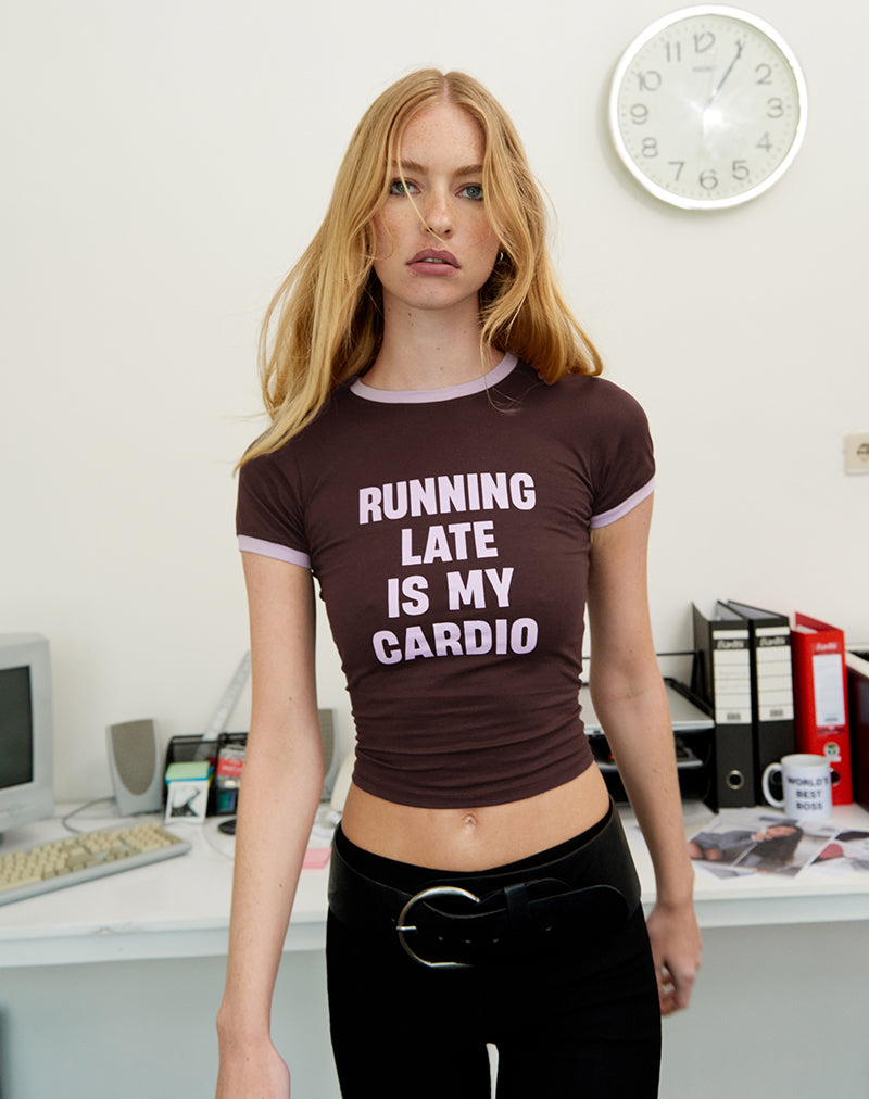 Image of Rinea Tee Top in Bitter Chocolate with Violet Binding and Running Late Slogan