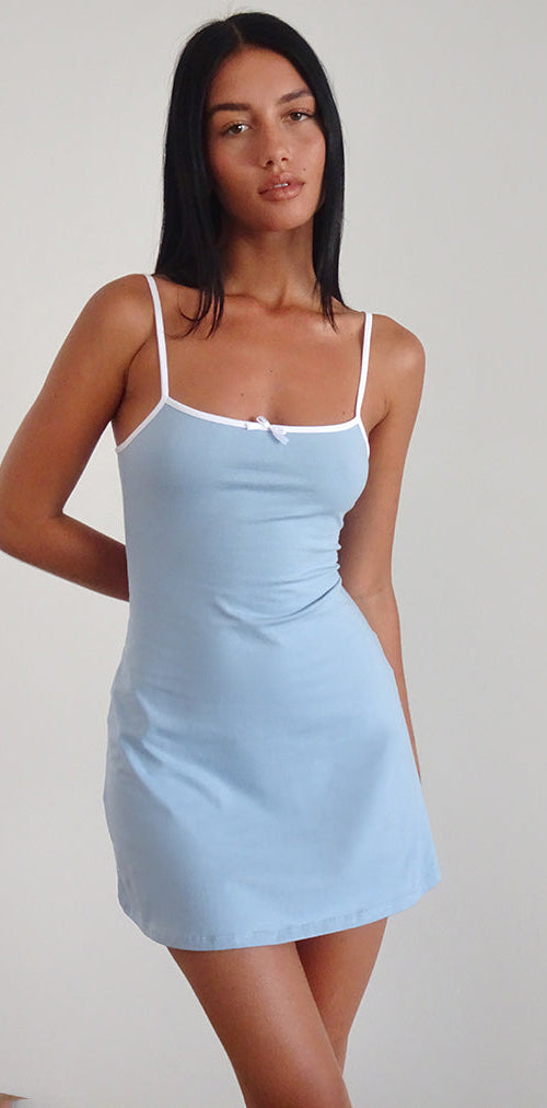 image of Riniko Mini Dress in Nantucket Blue with White Binding