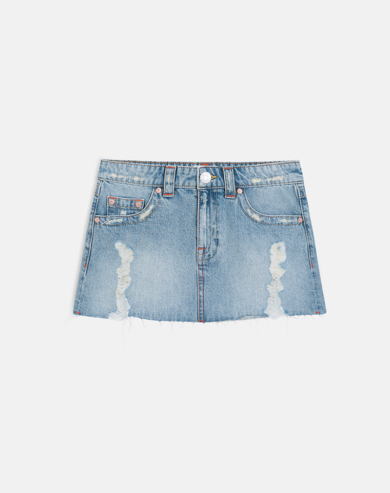 Image of Ripped Raw Hem Denim Mini Skirt in True Blue