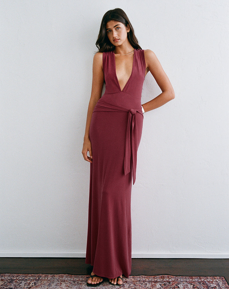Image of Rohasy Plunge Maxi Dress in Cupro Burgundy