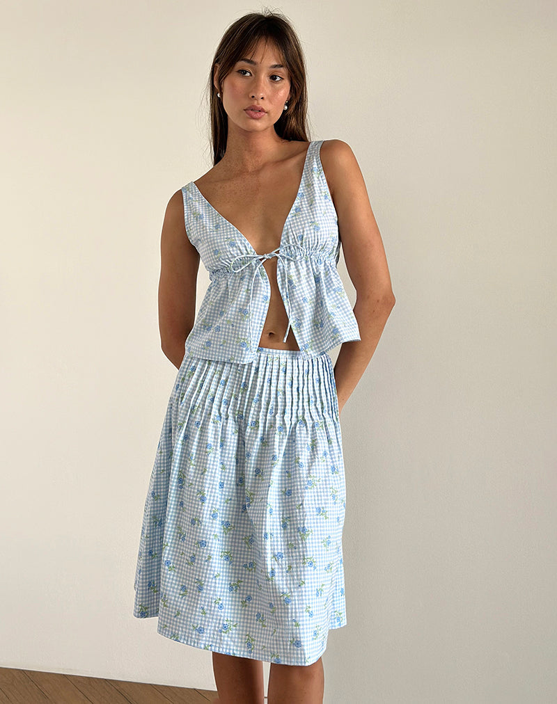 image of Asada Midi Skirt in Blue Flower Gingham