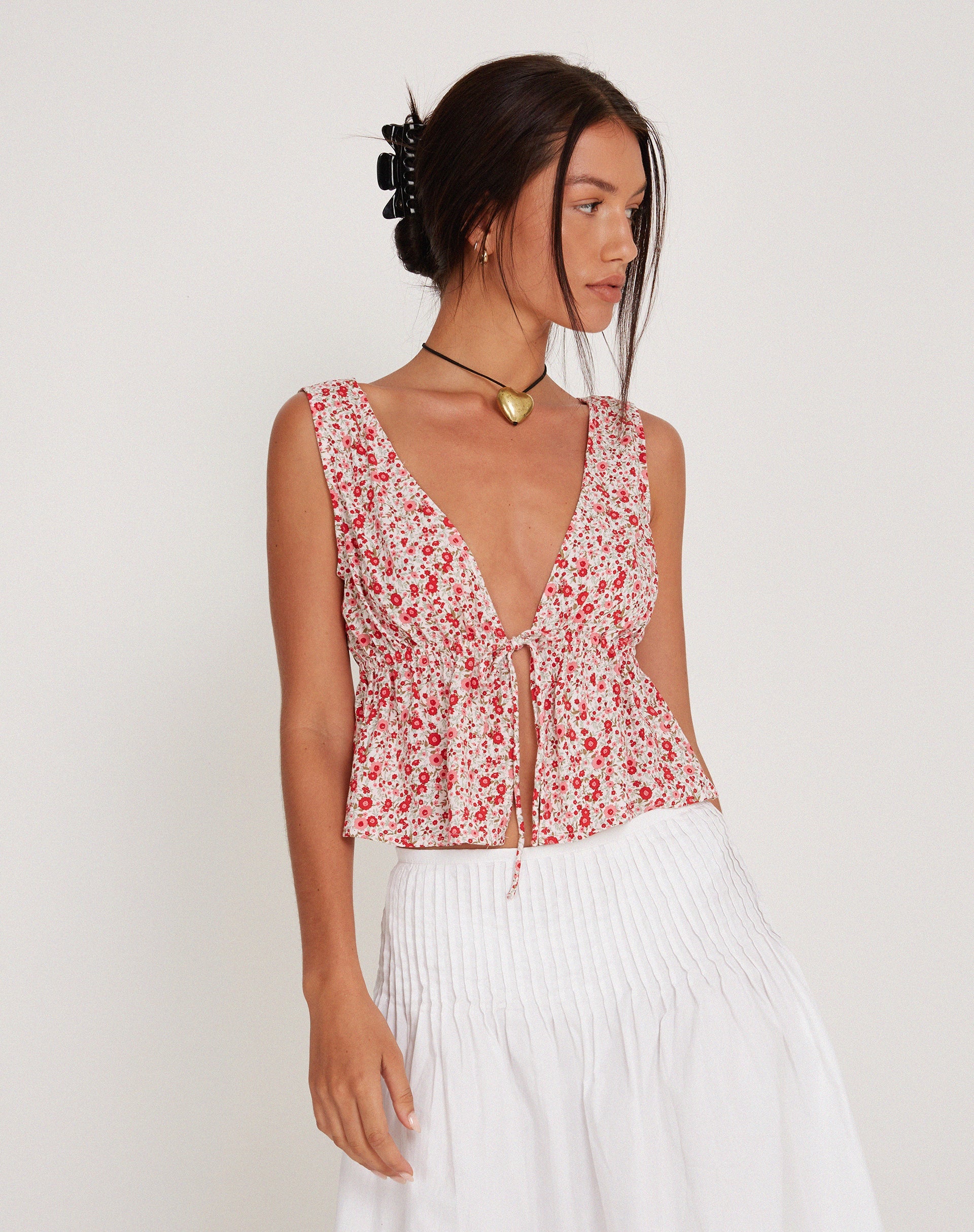 Image of Rolia Tie Front Top in Ditsy Floral Blush Red